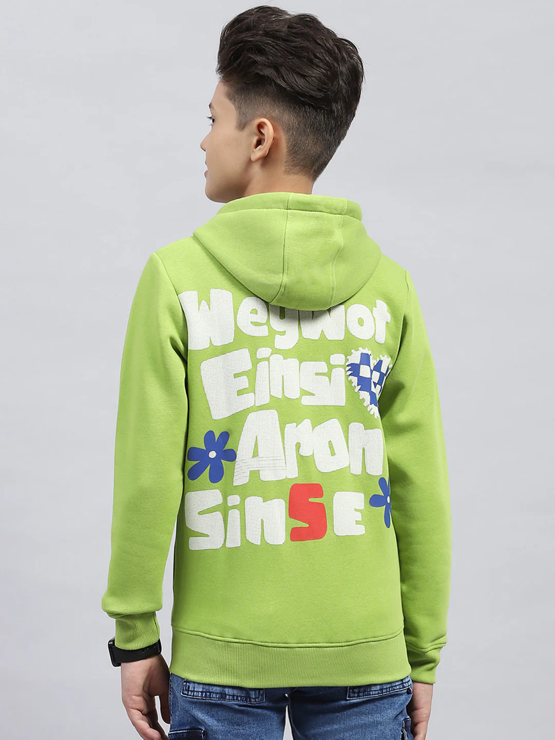 Boys Green Printed Hooded Full Sleeve Sweatshirt - Image 5