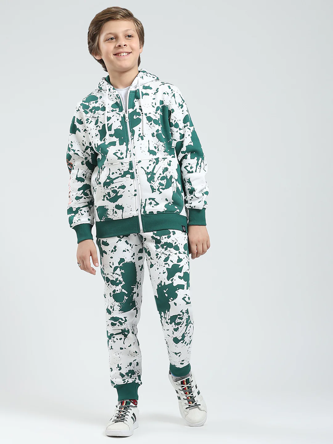 Boys Green Printed Hooded Full Sleeve Tracksuit
