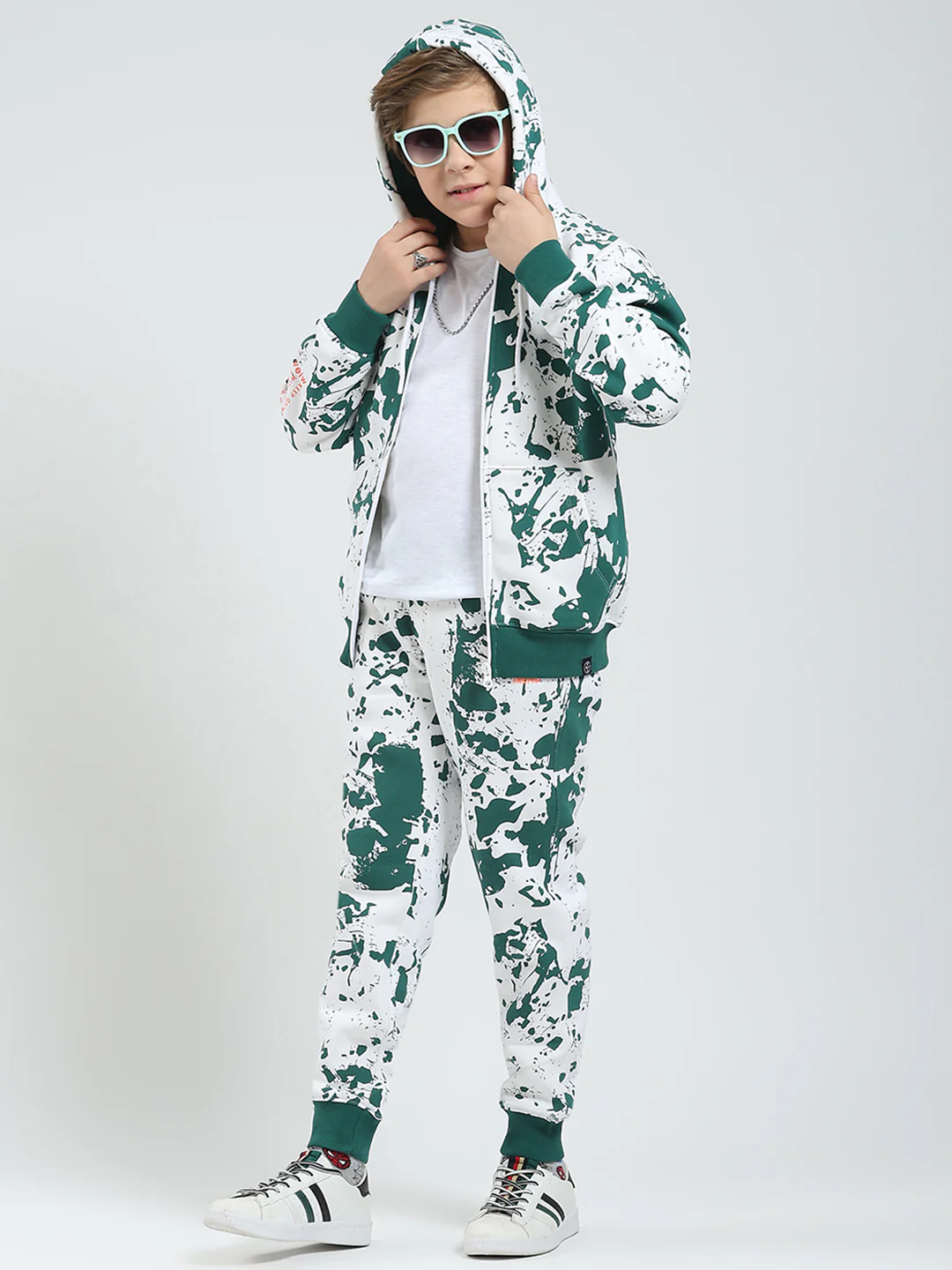 Boys Green Printed Hooded Full Sleeve Tracksuit - Image 2
