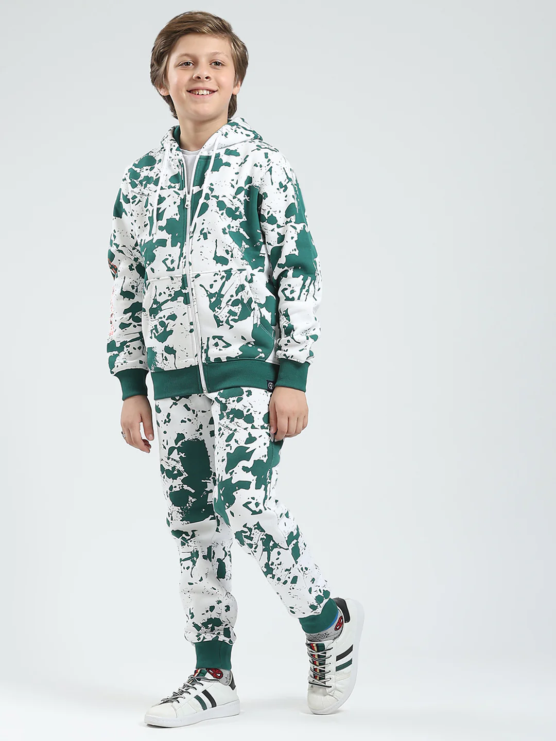 Boys Green Printed Hooded Full Sleeve Tracksuit - Image 3