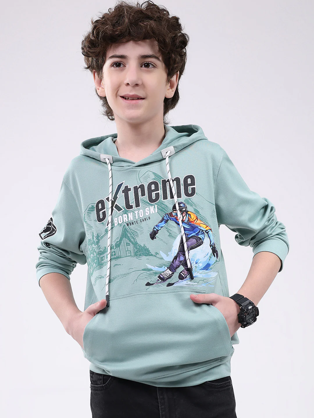 Boys Green Printed Hooded Full Sleeve Winter T-Shirt