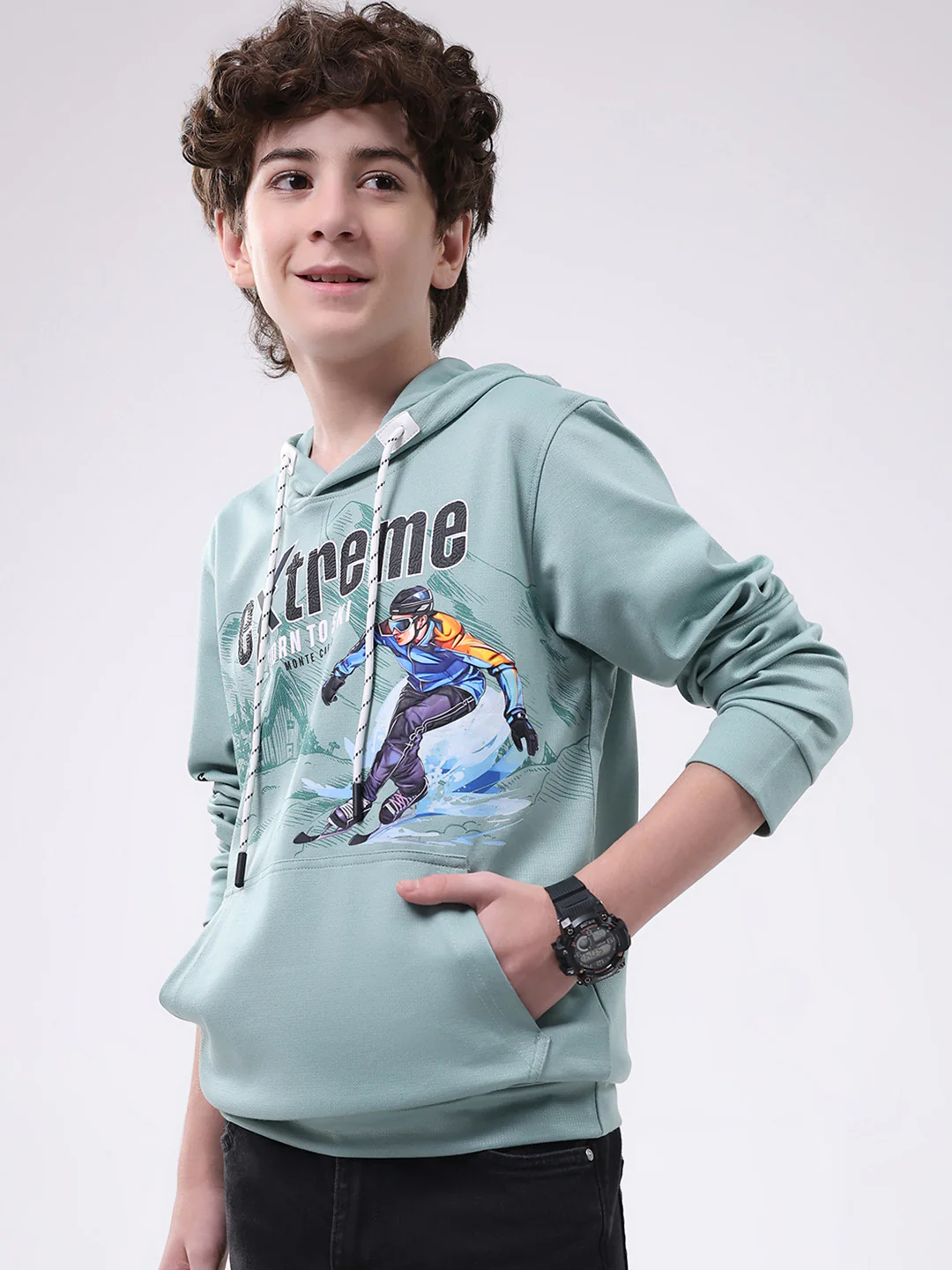 Boys Green Printed Hooded Full Sleeve Winter T-Shirt - Image 3