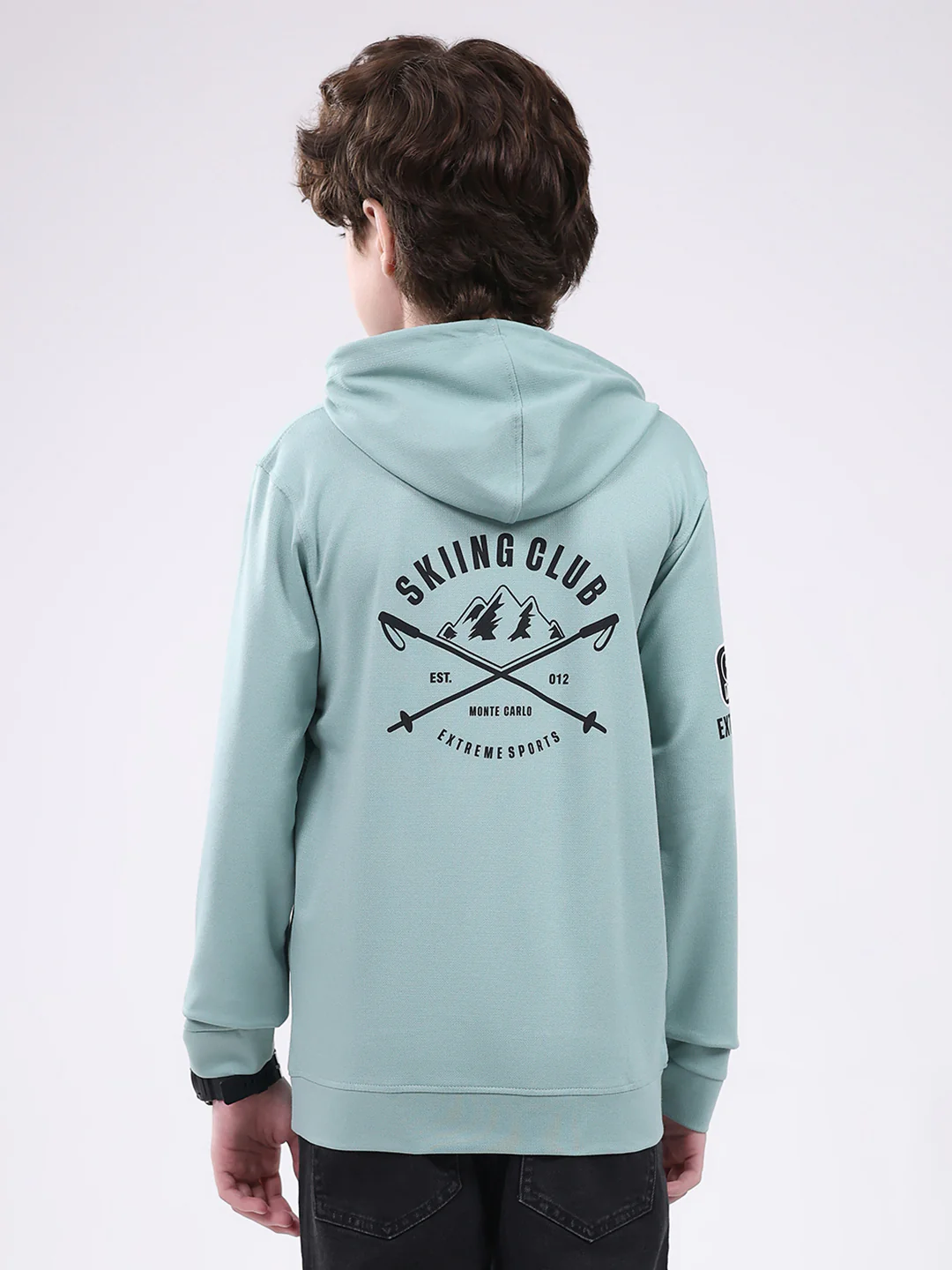 Boys Green Printed Hooded Full Sleeve Winter T-Shirt - Image 5