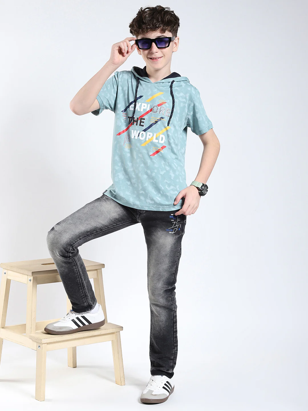 Boys Green Printed Hooded Half Sleeve T-Shirt - Image 2