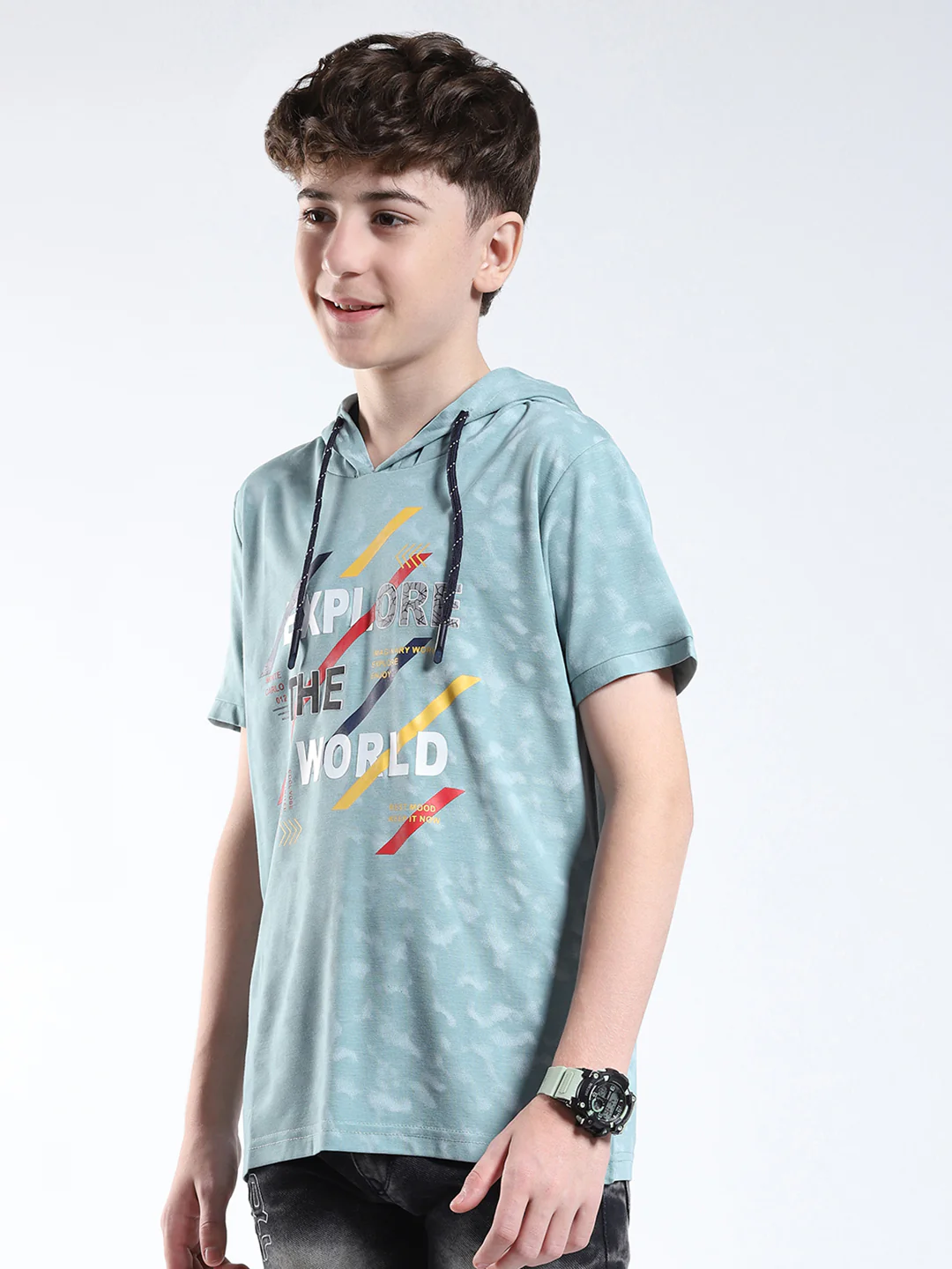 Boys Green Printed Hooded Half Sleeve T-Shirt - Image 3