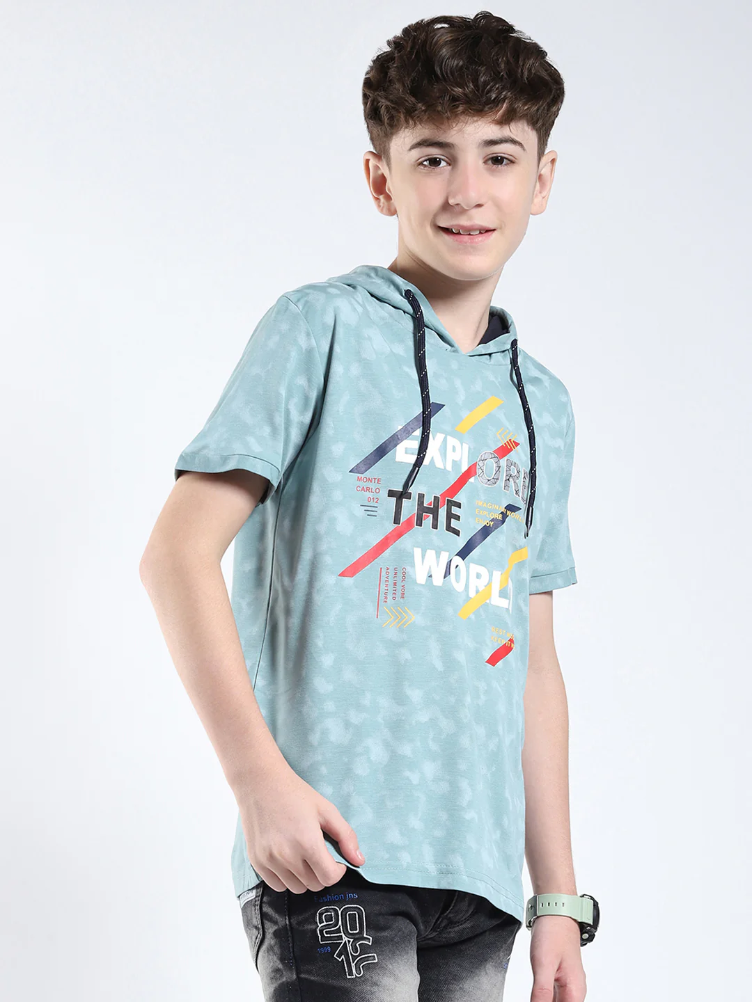 Boys Green Printed Hooded Half Sleeve T-Shirt - Image 4