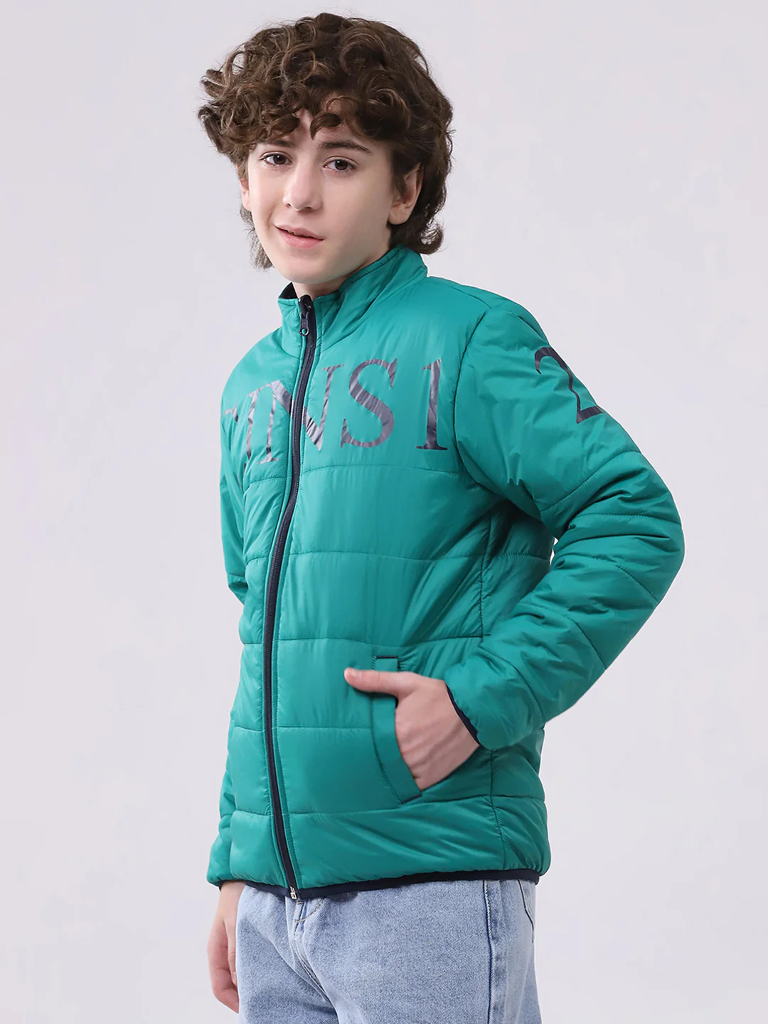 Boys Green Printed Mock Neck Full Sleeve Boys Reversible Jacket - Image 3