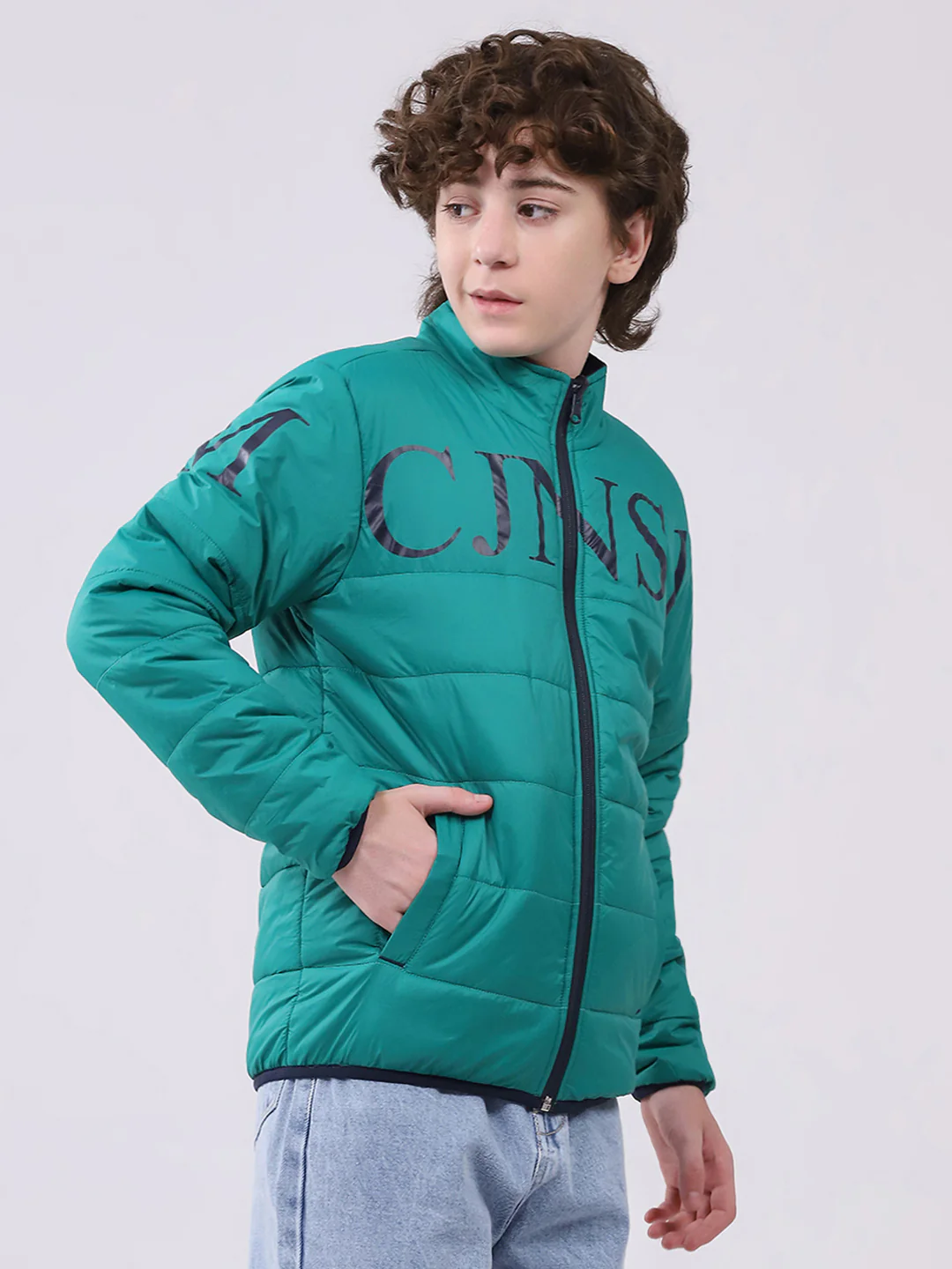 Boys Green Printed Mock Neck Full Sleeve Boys Reversible Jacket - Image 4