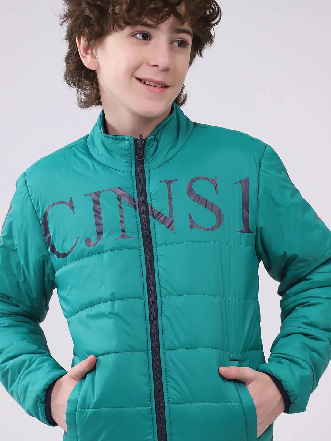 Boys Green Printed Mock Neck Full Sleeve Boys Reversible Jacket - Image 7