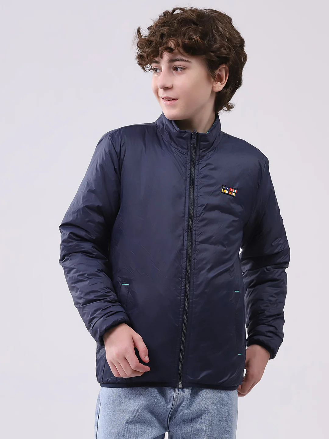 Boys Green Printed Mock Neck Full Sleeve Boys Reversible Jacket - Image 8