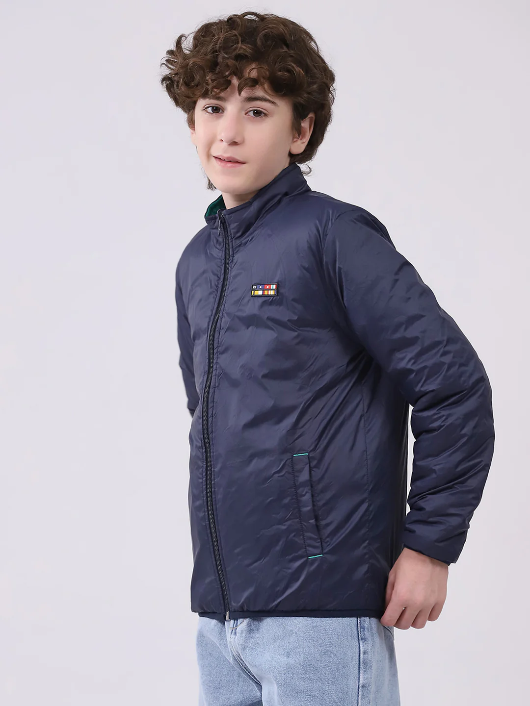 Boys Green Printed Mock Neck Full Sleeve Boys Reversible Jacket - Image 9