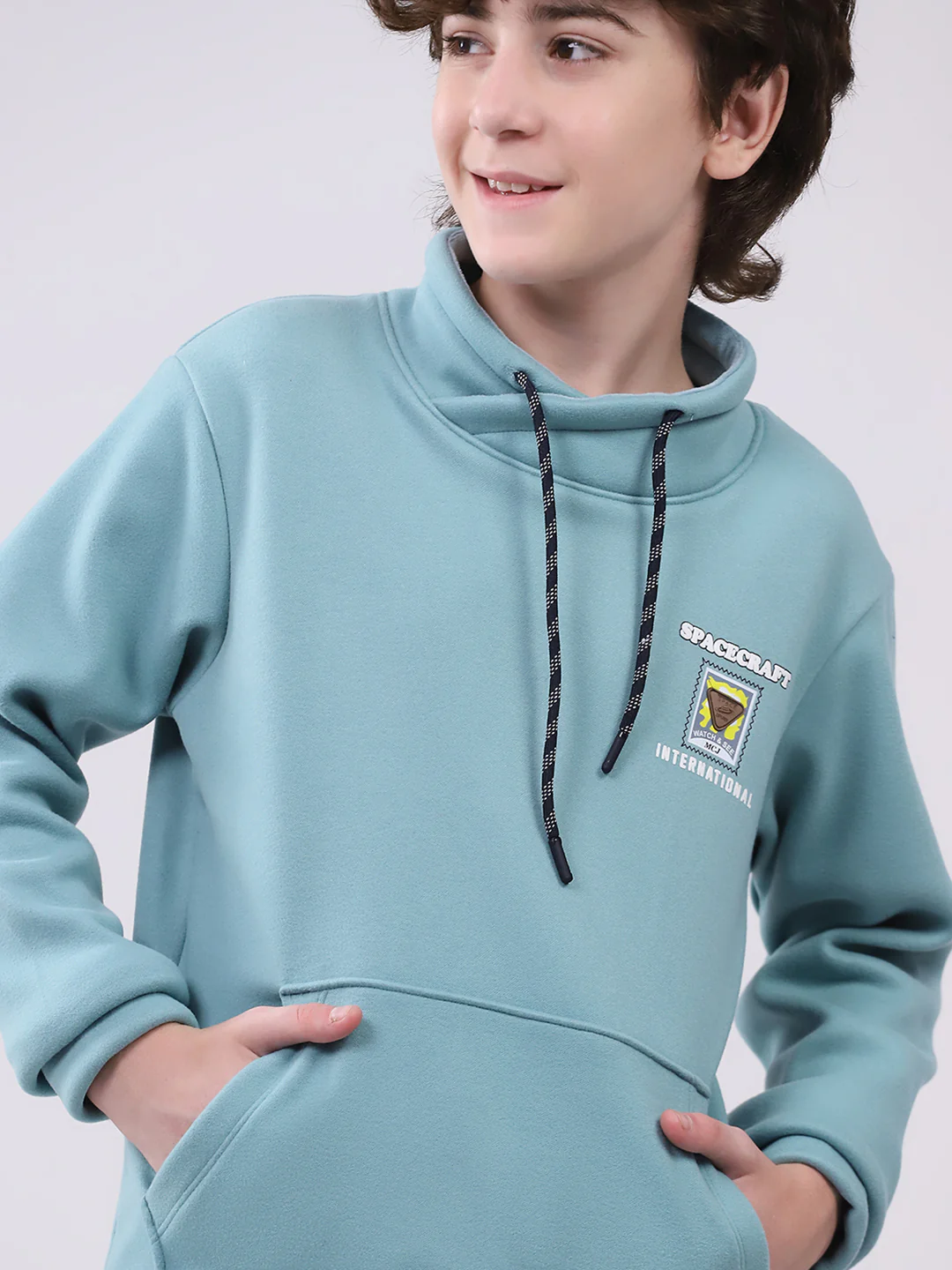 Boys Green Printed Mock Neck Full Sleeve Sweatshirt - Image 7