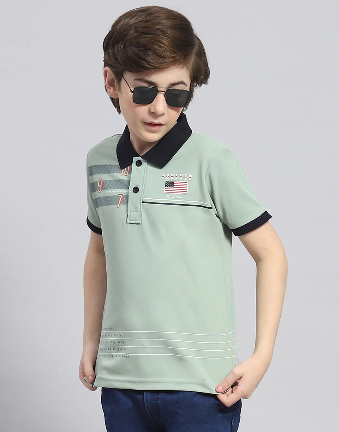 Boys Green Printed Polo Collar Half Sleeve T-Shirt - Image 6