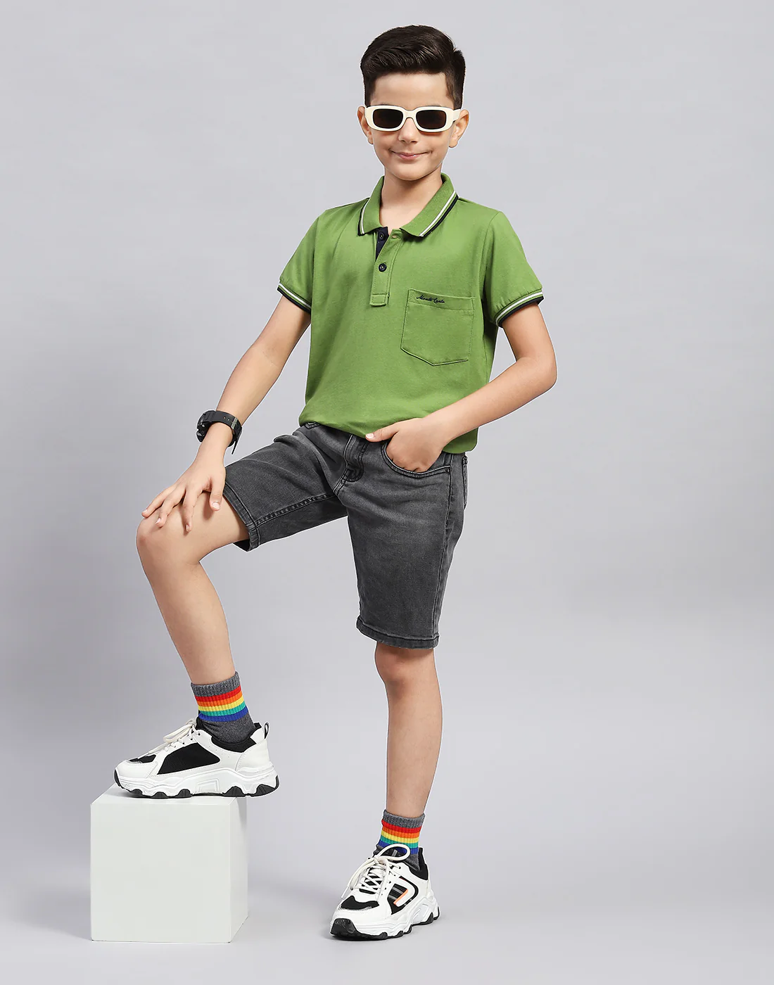 Boys Green Printed Polo Collar Half Sleeve T-Shirt - Image 2