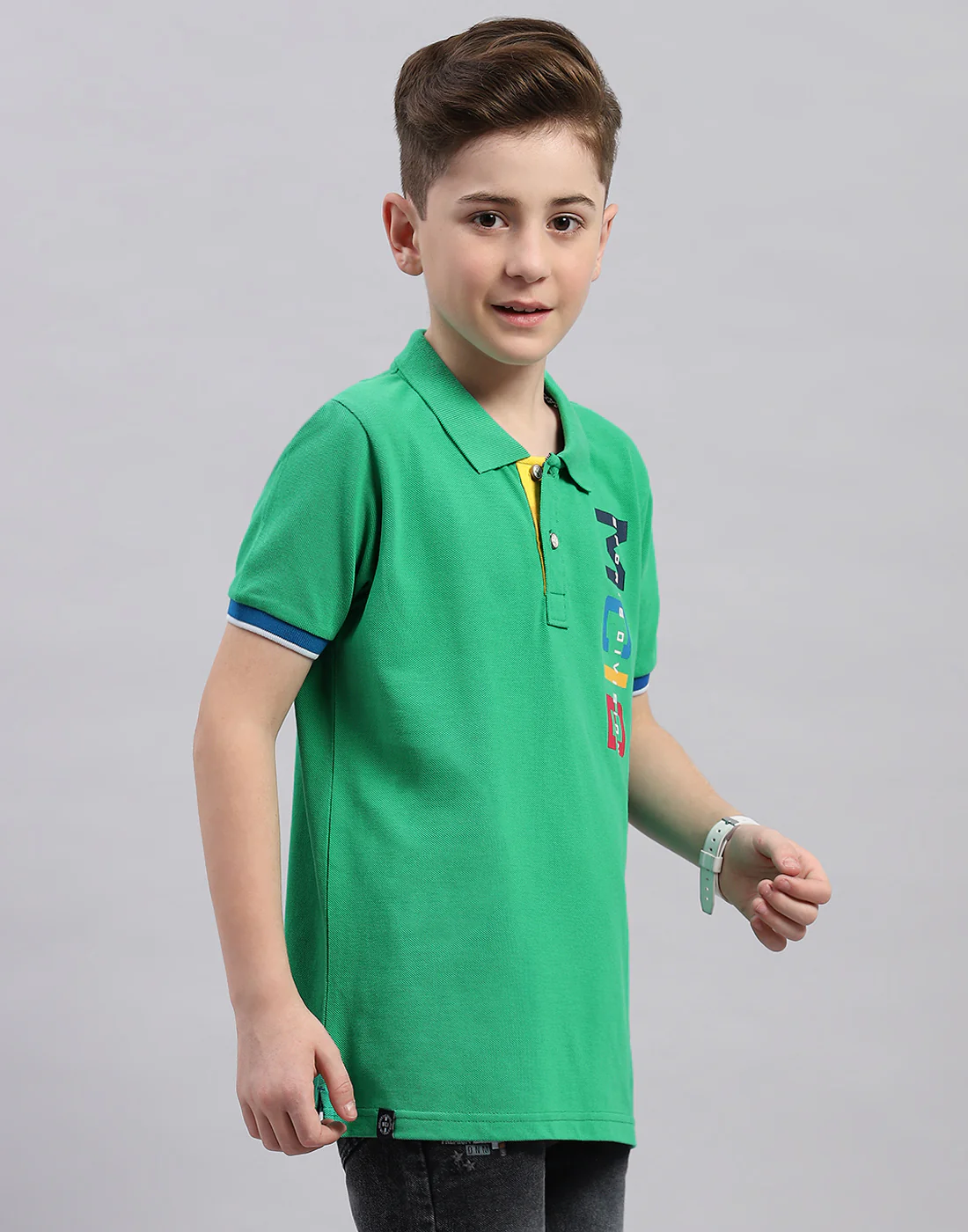 Boys Green Printed Polo Collar Half Sleeve T-Shirt - Image 4
