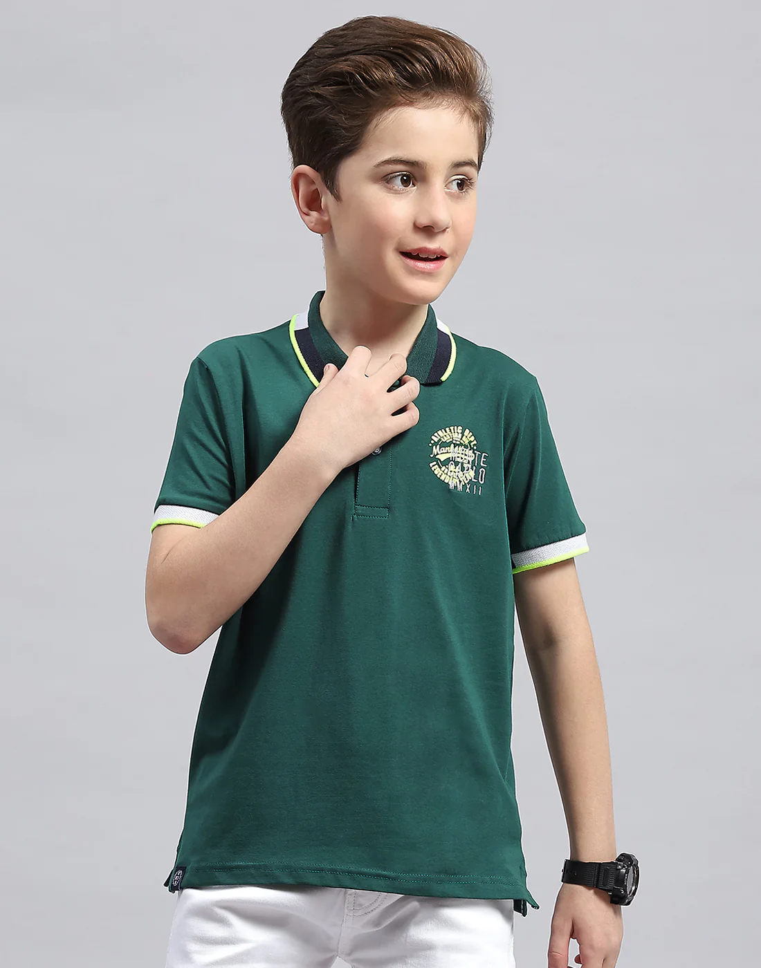 Boys Green Printed Polo Collar Half Sleeve T-Shirt - Image 2