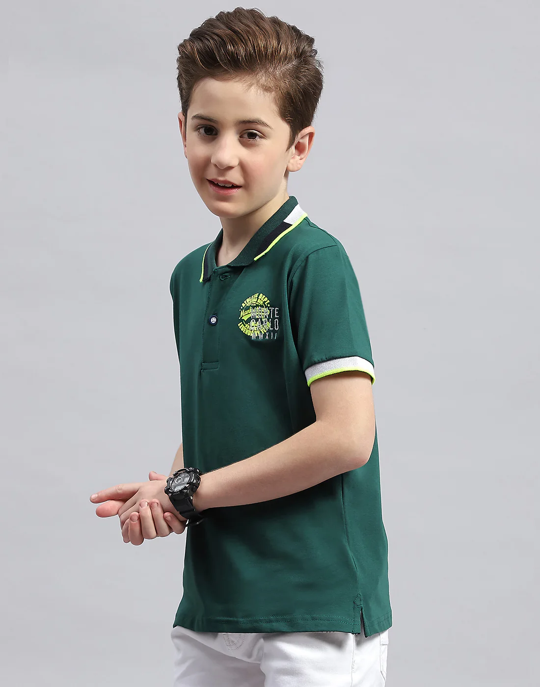 Boys Green Printed Polo Collar Half Sleeve T-Shirt - Image 3