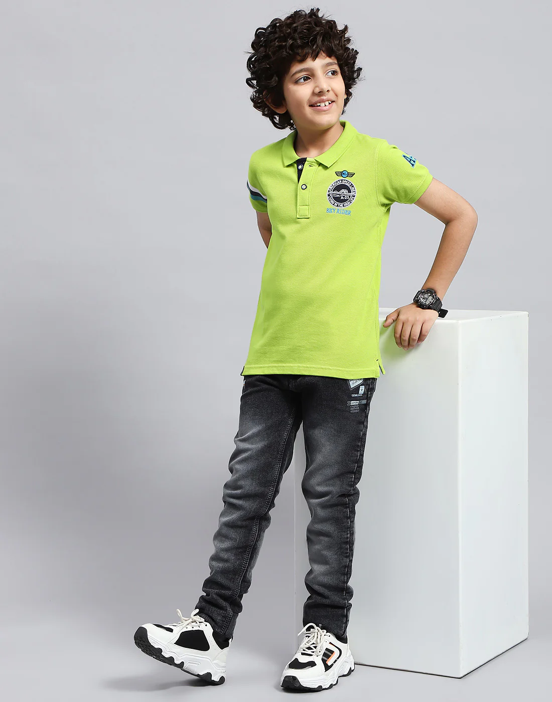 Boys Green Printed Polo Collar Half Sleeve T-Shirt - Image 2