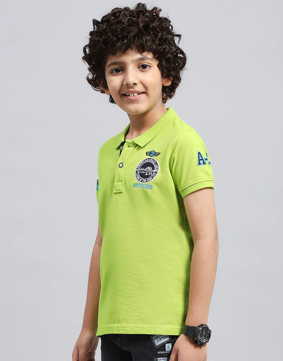 Boys Green Printed Polo Collar Half Sleeve T-Shirt - Image 3