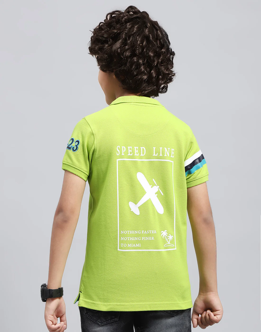 Boys Green Printed Polo Collar Half Sleeve T-Shirt - Image 5