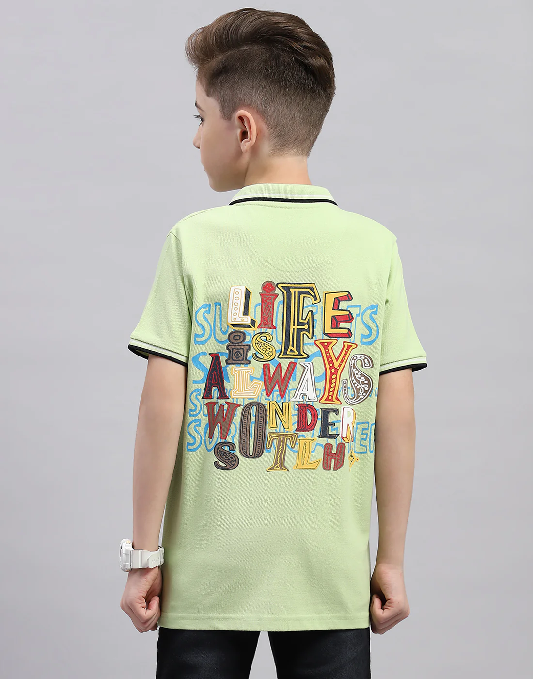 Boys Green Printed Polo Collar Half Sleeve T-Shirt - Image 5