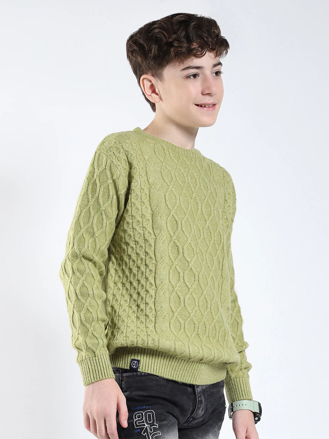 Boys Green Printed Round Neck Full Sleeve Pullover - Image 4