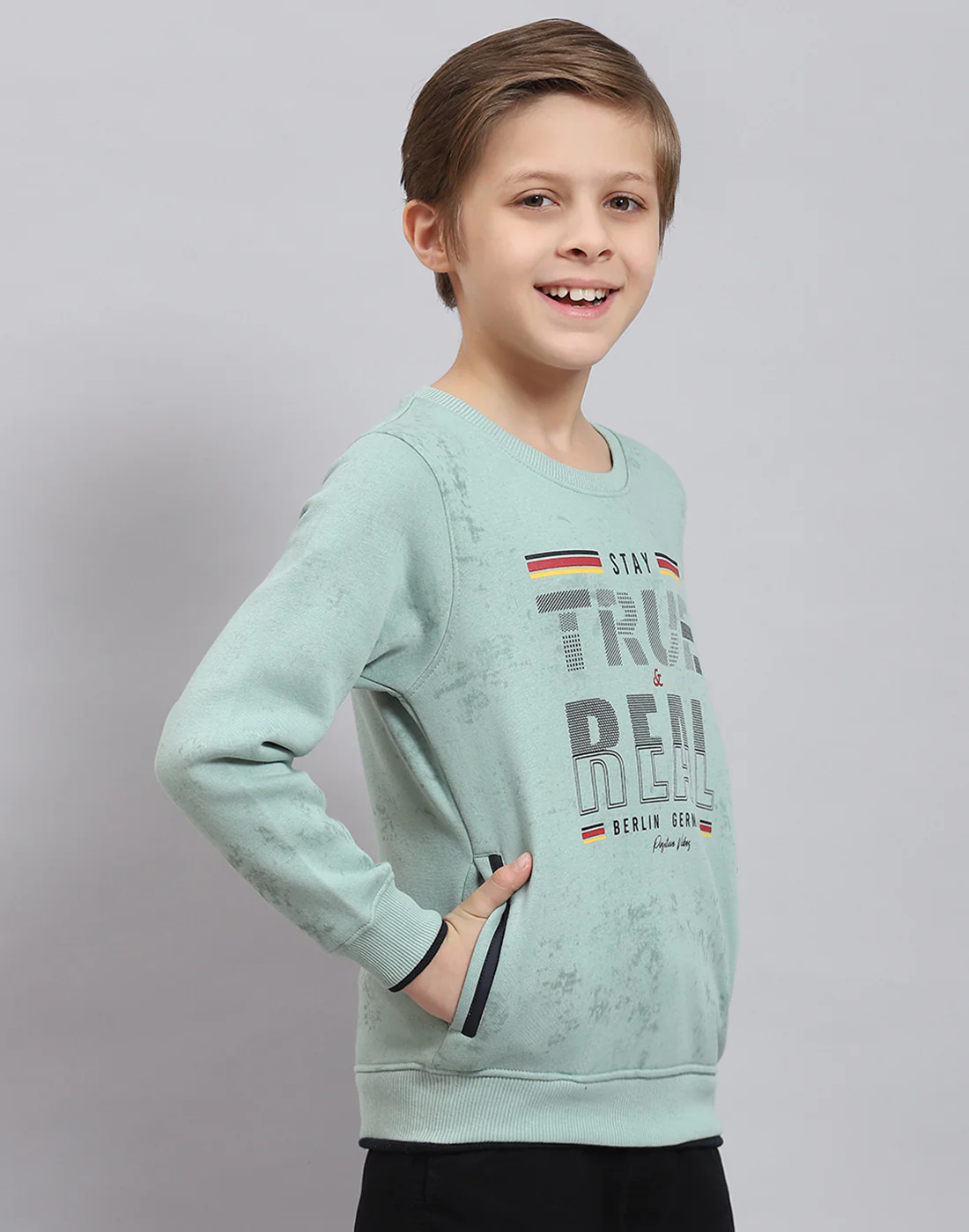 Boys Green Printed Round Neck Full Sleeve Sweatshirt - Image 4