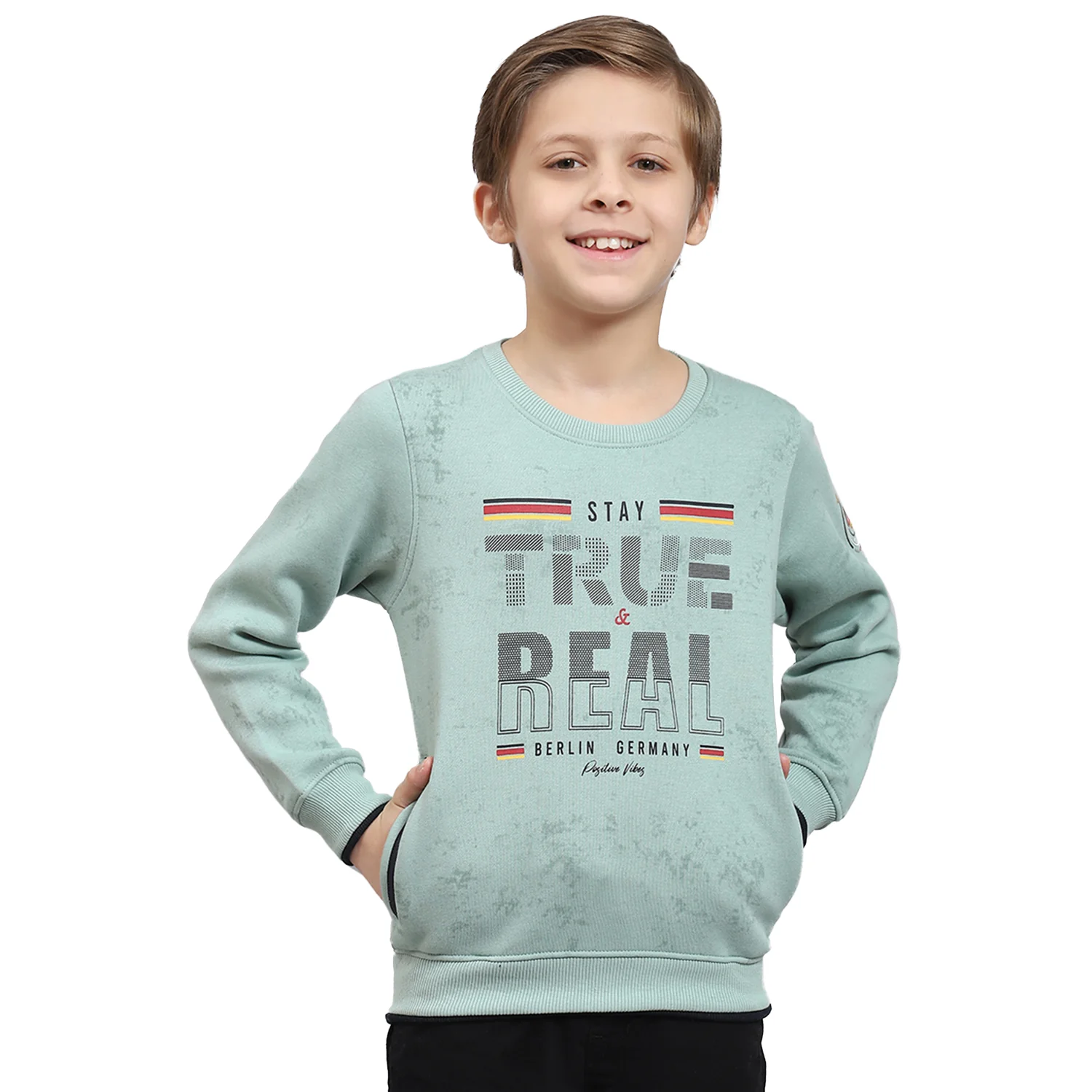 Boys Green Printed Round Neck Full Sleeve Sweatshirt - Image 5