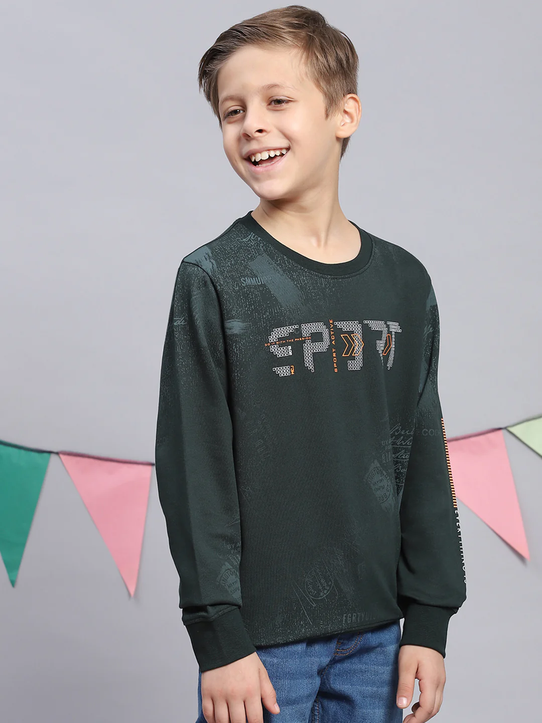 Boys Green Printed Round Neck Full Sleeve Sweatshirt - Image 4