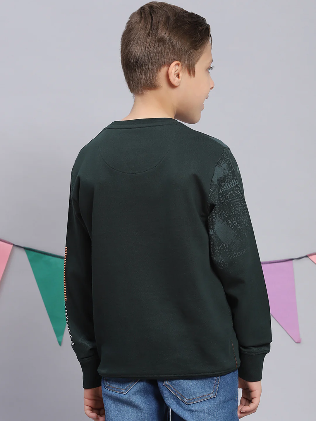 Boys Green Printed Round Neck Full Sleeve Sweatshirt - Image 5