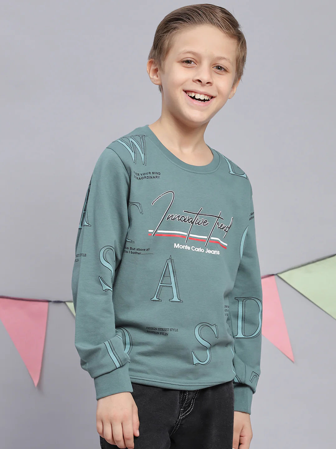 Boys Green Printed Round Neck Full Sleeve Sweatshirt - Image 2