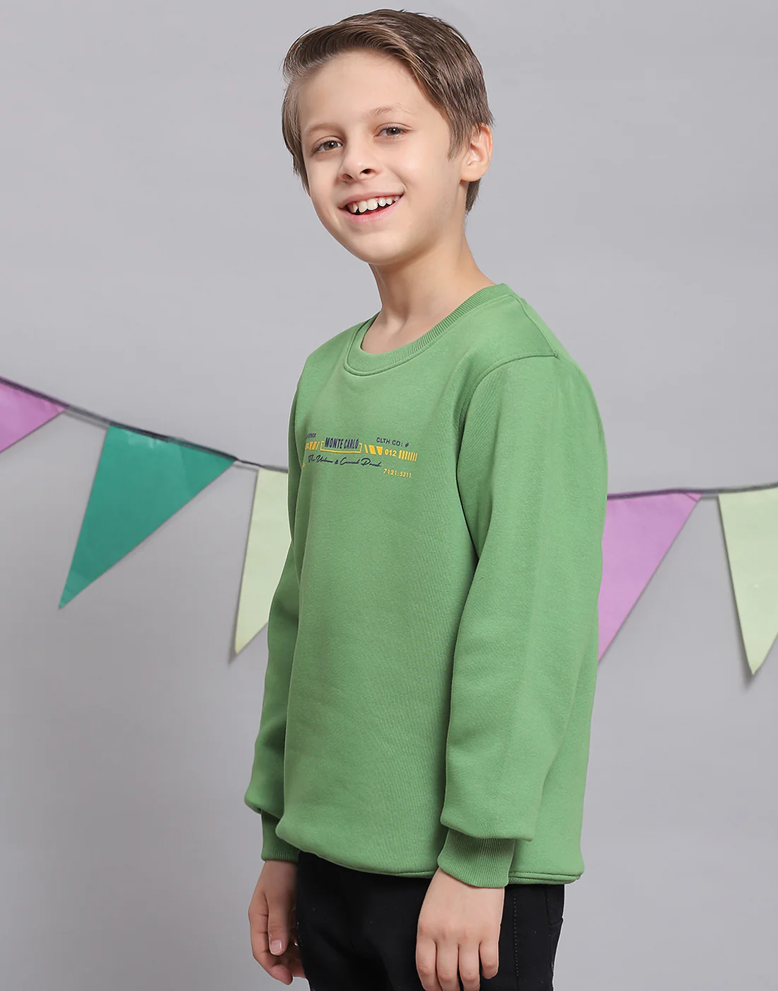 Boys Green Printed Round Neck Full Sleeve Sweatshirt - Image 4