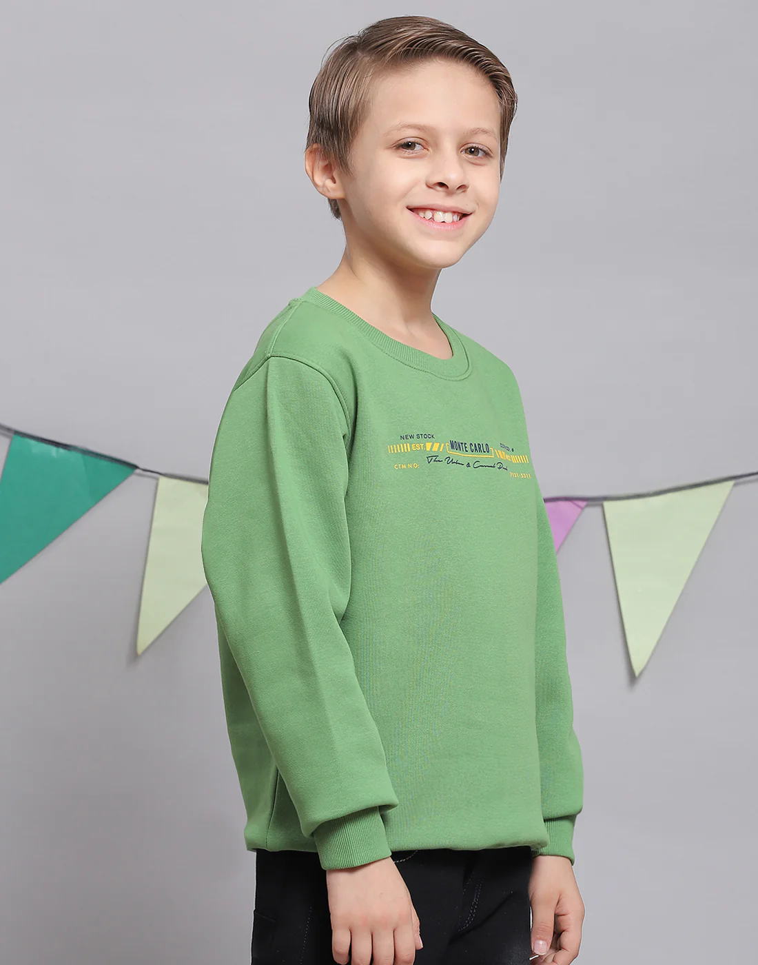 Boys Green Printed Round Neck Full Sleeve Sweatshirt - Image 5