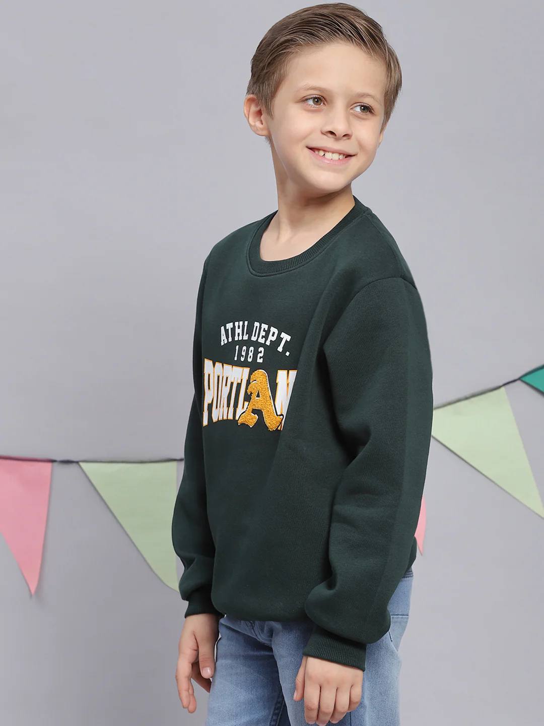 Boys Green Printed Round Neck Full Sleeve Sweatshirt - Image 4
