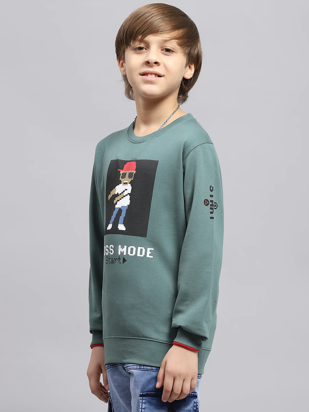 Boys Green Printed Round Neck Full Sleeve Sweatshirt - Image 3
