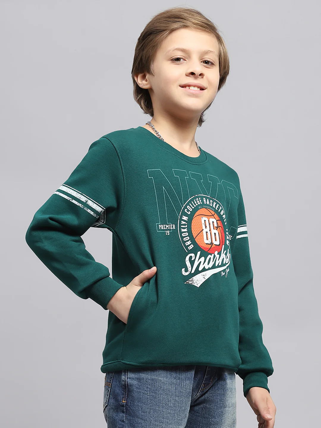 Boys Green Printed Round Neck Full Sleeve Sweatshirt - Image 4