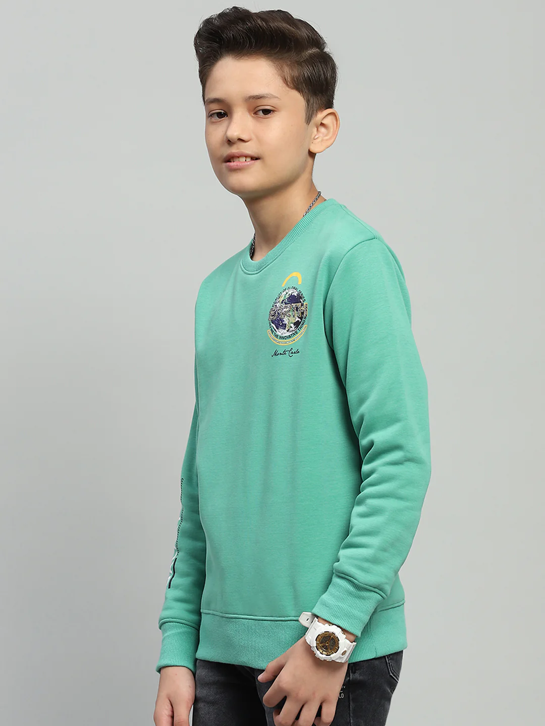 Boys Green Printed Round Neck Full Sleeve Sweatshirt - Image 3