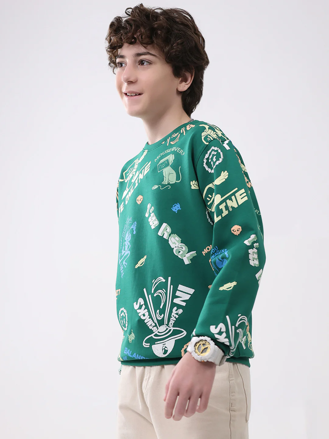 Boys Green Printed Round Neck Full Sleeve Sweatshirt - Image 3