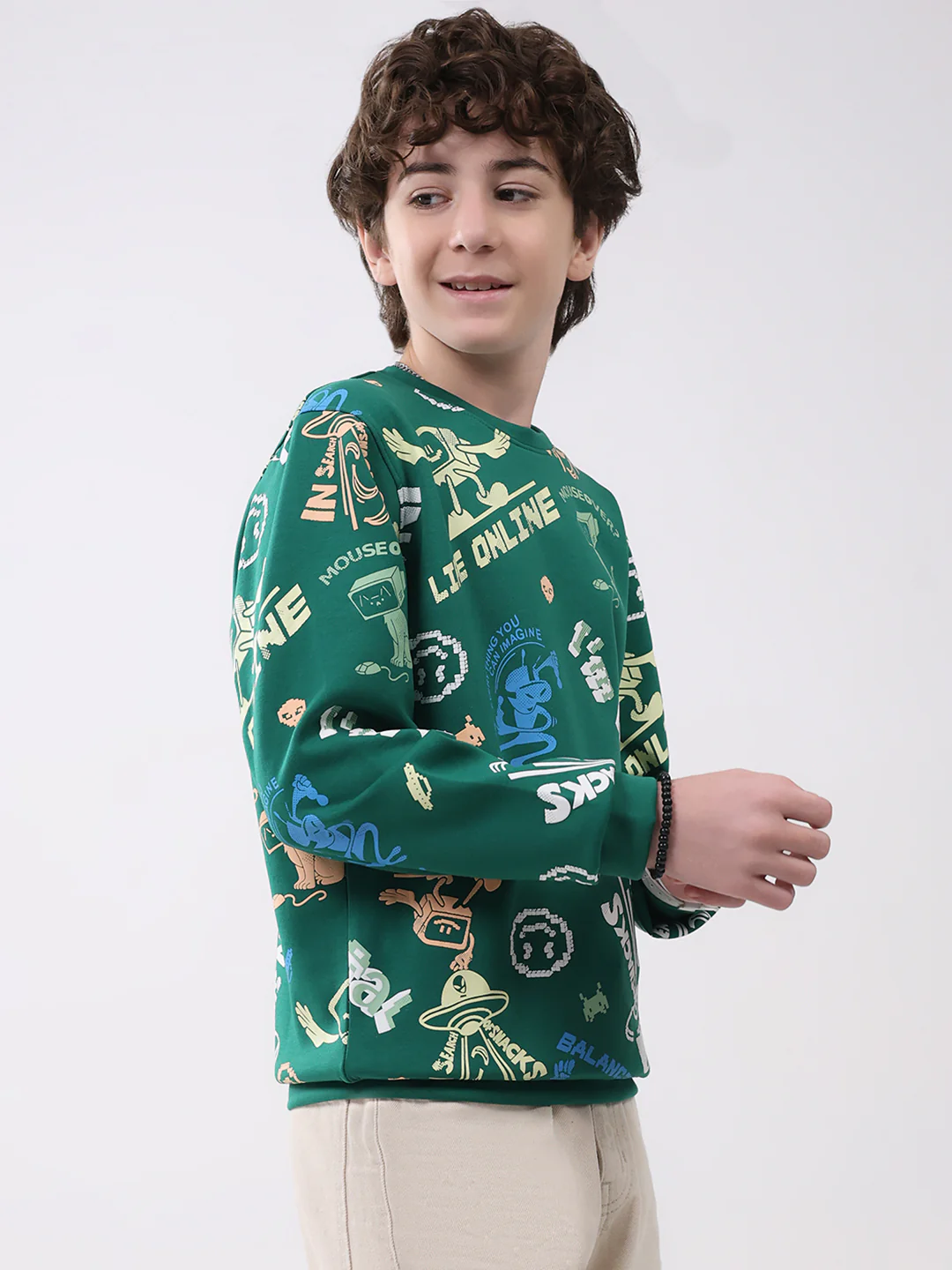 Boys Green Printed Round Neck Full Sleeve Sweatshirt - Image 4