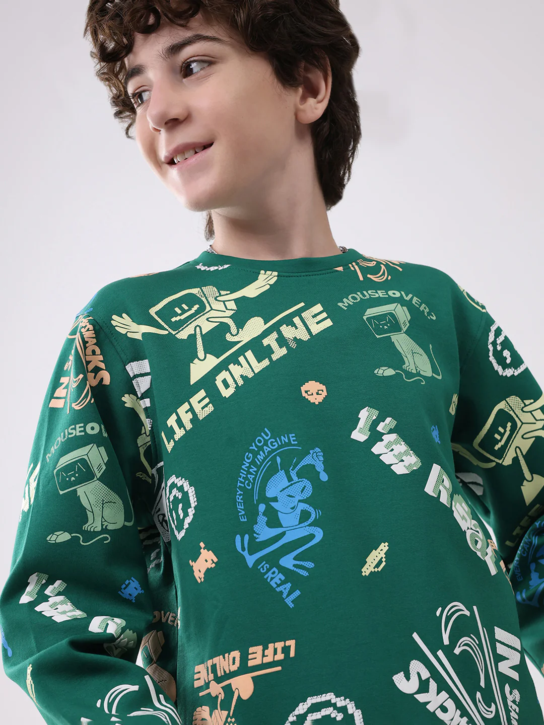 Boys Green Printed Round Neck Full Sleeve Sweatshirt - Image 6