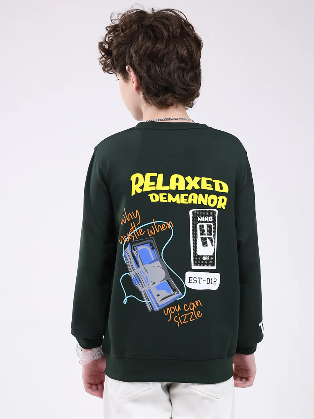 Boys Green Printed Round Neck Full Sleeve Sweatshirt - Image 5