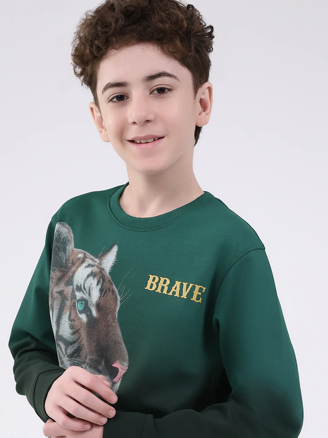 Boys Green Printed Round Neck Full Sleeve Sweatshirt - Image 6