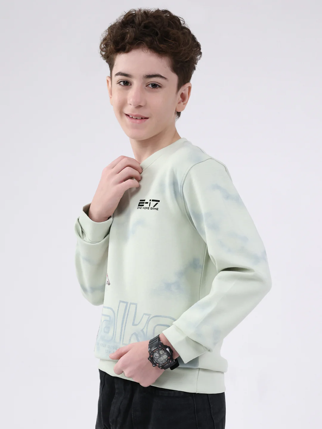 Boys Green Printed Round Neck Full Sleeve Sweatshirt - Image 3