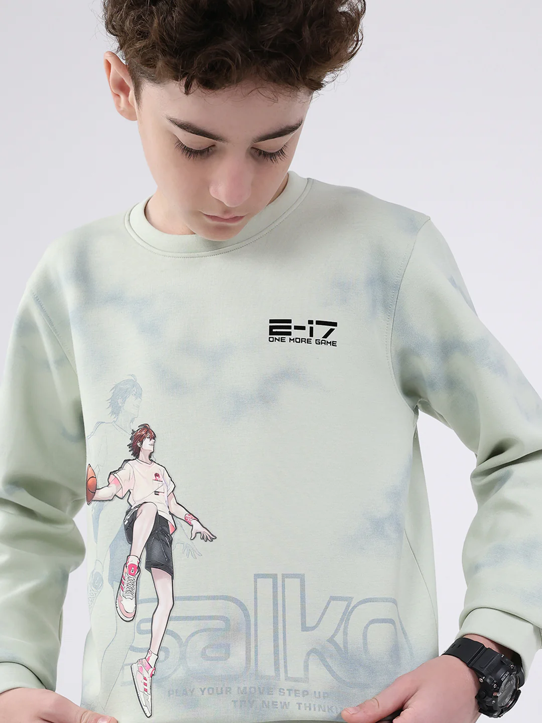 Boys Green Printed Round Neck Full Sleeve Sweatshirt - Image 6
