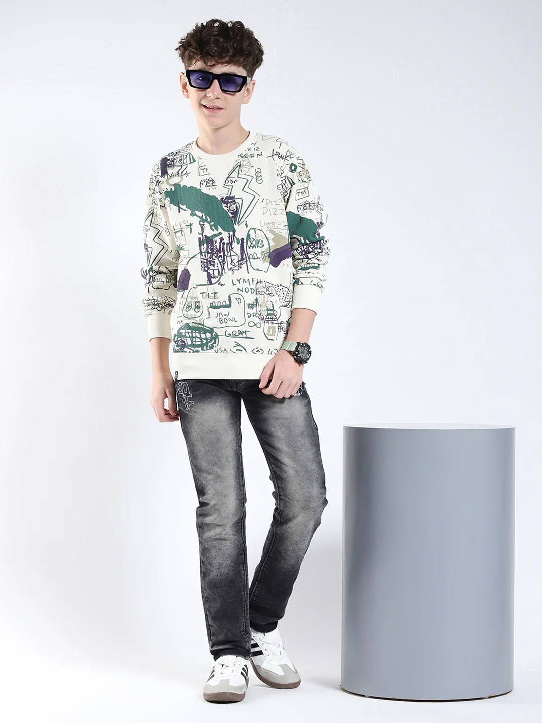 Boys Green Printed Round Neck Full Sleeve Sweatshirt - Image 6