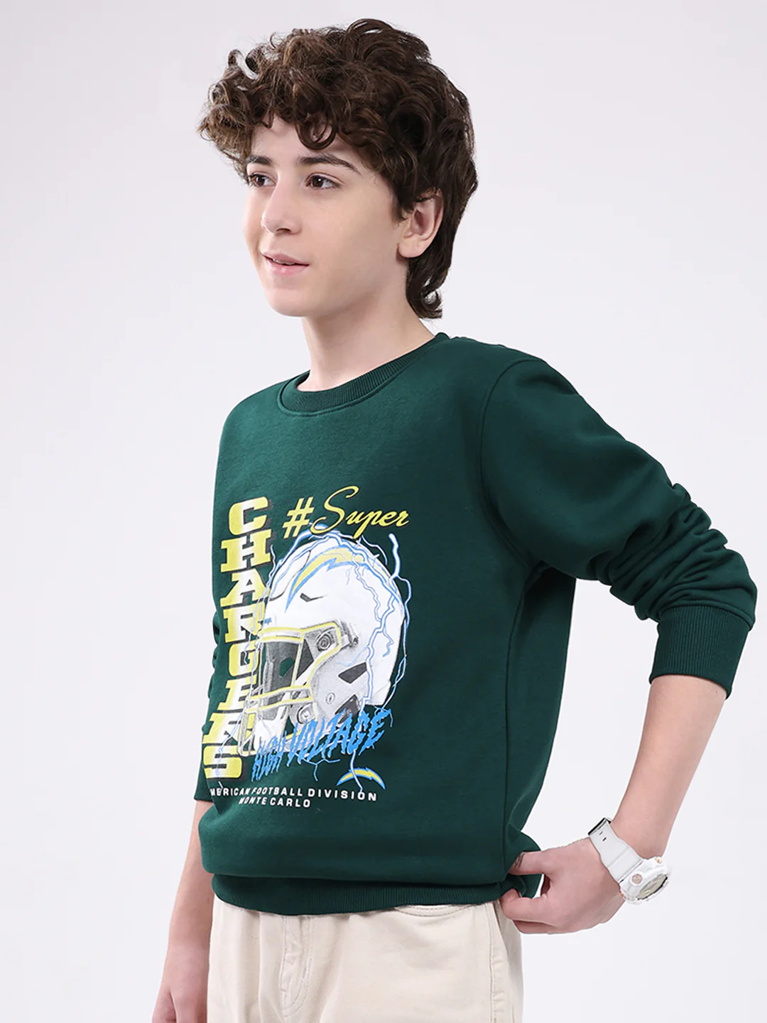 Boys Green Printed Round Neck Full Sleeve Sweatshirt - Image 3