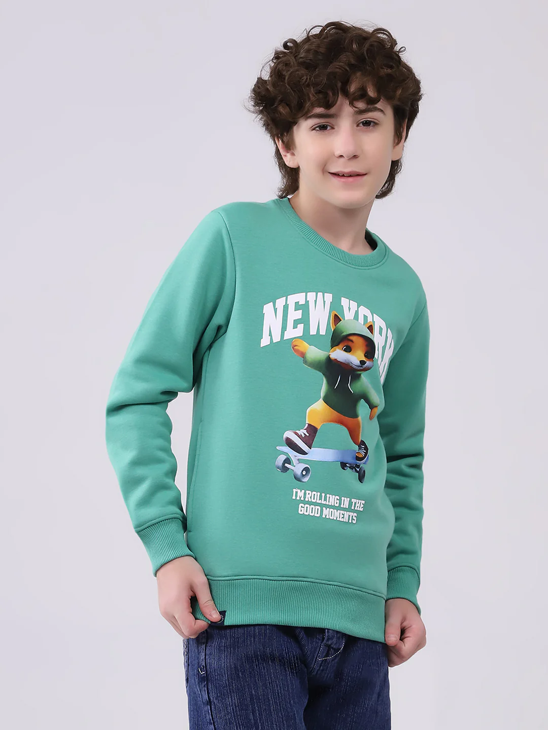 Boys Green Printed Round Neck Full Sleeve Sweatshirt - Image 4