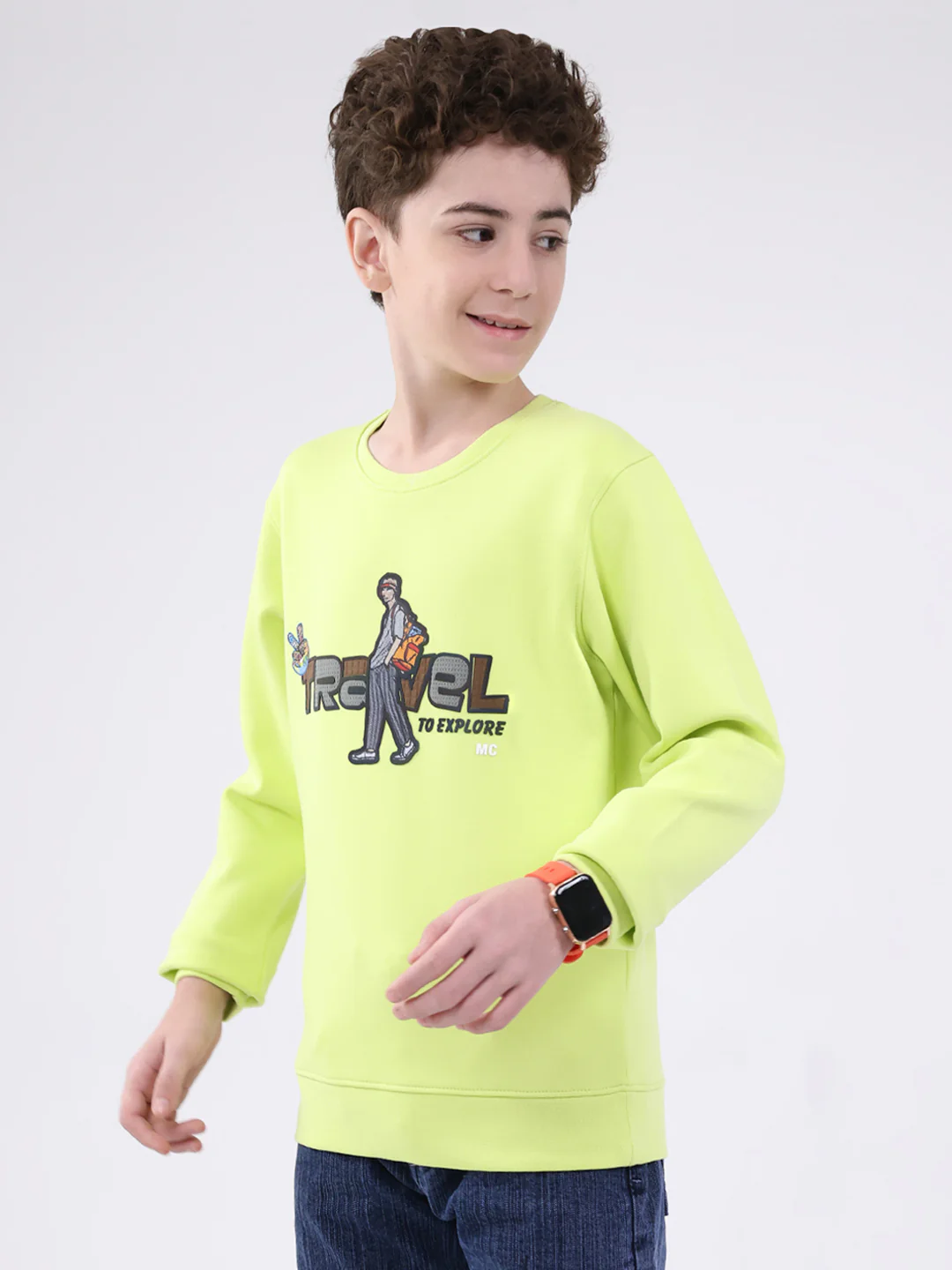 Boys Green Printed Round Neck Full Sleeve Sweatshirt - Image 3