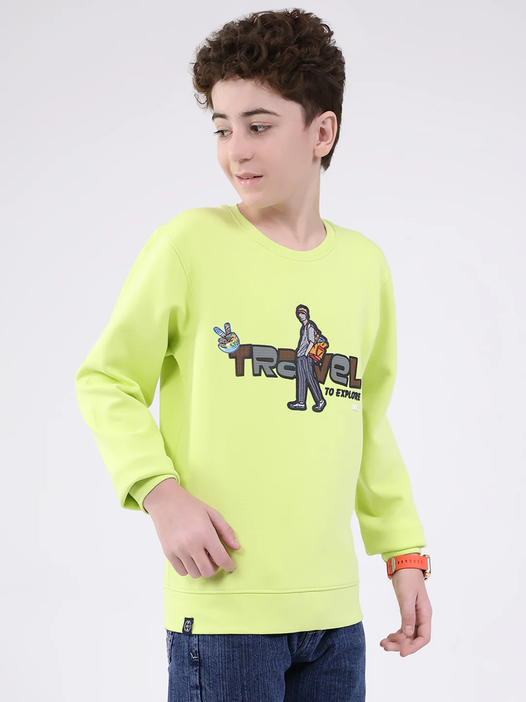 Boys Green Printed Round Neck Full Sleeve Sweatshirt - Image 4