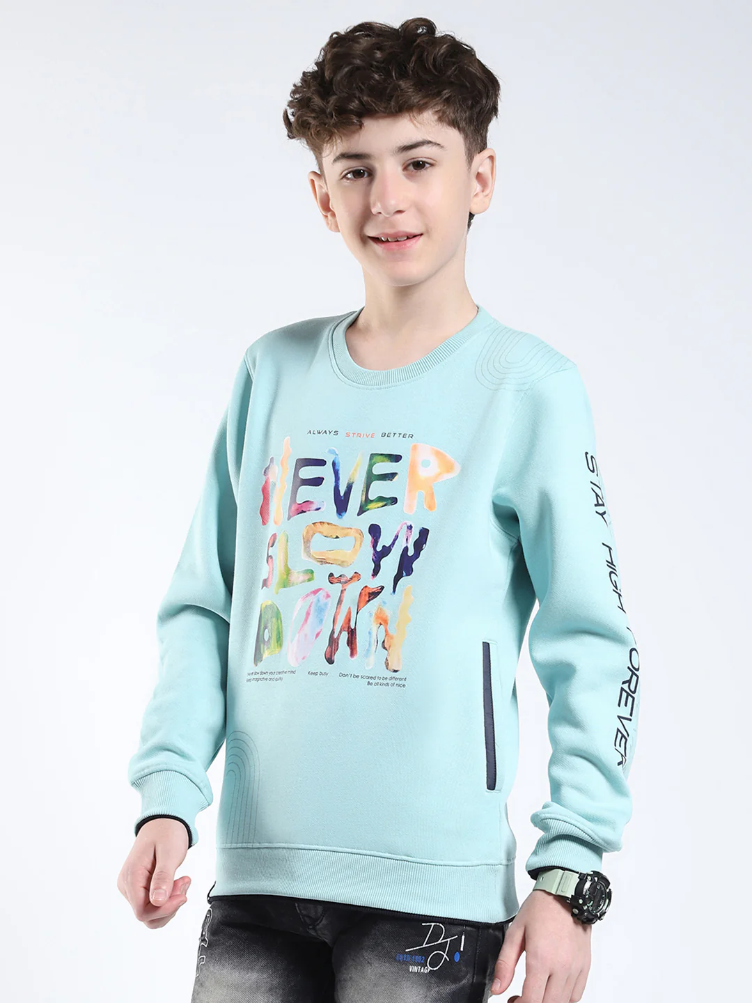 Boys Green Printed Round Neck Full Sleeve Sweatshirt - Image 3